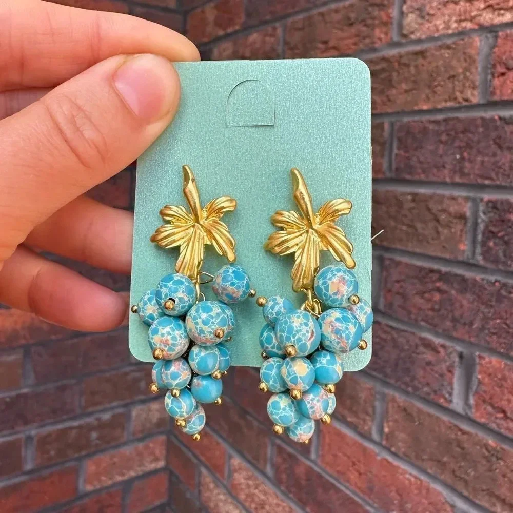 LuxuryTurquoise Stone Blue Leaf Grape Earrings